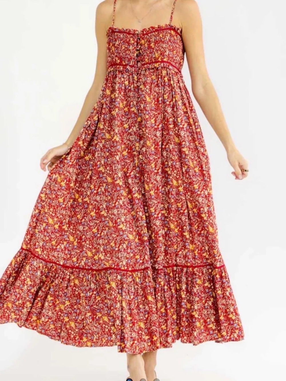 Red Floral Smocked Maxi Dress - Women's Summer Dress